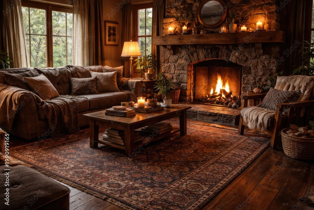 Naklejka premium Cozy living room ambiance featuring a handwoven rug and flickering fire