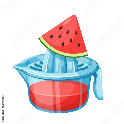 The image showcases a modern juicer with a vibrant watermelon slice ready for juicing, emphasizing freshness and culinary creativity in a visually appealing way.