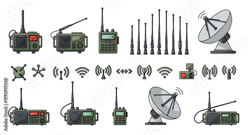 Collection of various military communication devices and satellite equipment on a white background.