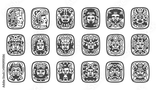 Collection of ancient mayan and aztec stone carvings in black and white