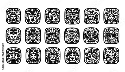 A collection of stylized mayan or aztec face designs in black and white