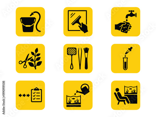 Set of Icons for Aquarium Maintenance and Care.