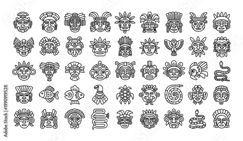 Collection of diverse ancient tribal masks and cultural headdresses