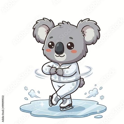 Cute Kawaii Koala Figure Skater Spinning on Ice - Chibi Winter Sports and Ice Skating Concept Vector Illustration