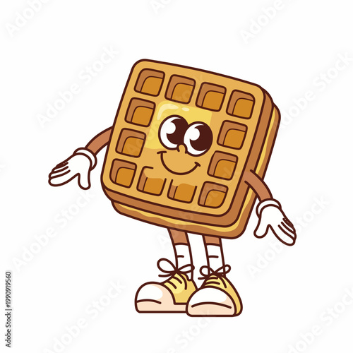 A cheerful cartoon waffle character poses with a big smile, encapsulating the joy of breakfast and playful culinary art that appeals to kids and fun-loving food enthusiasts.