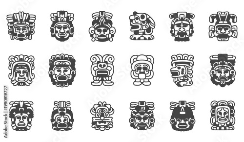Collection of stylized black and white ancient mesoamerican masks and designs