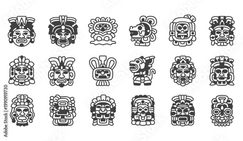 Collection of stylized black and white ancient mesoamerican masks and designs