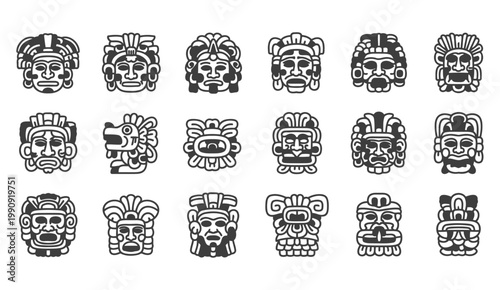 Collection of ancient mesoamerican masks and glyphs in black and white