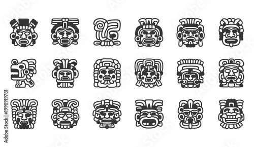 Collection of stylized black and white depictions of ancient mayan masks