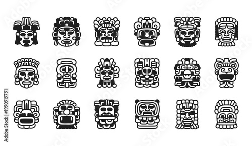 Collection of black and white tiki masks and stylized tribal faces