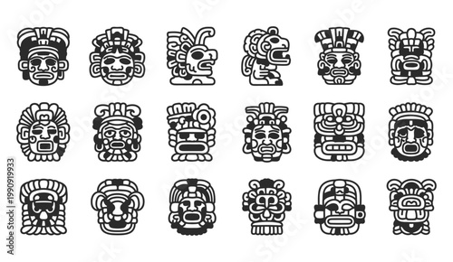 Collection of stylized black and white ancient mesoamerican mask designs