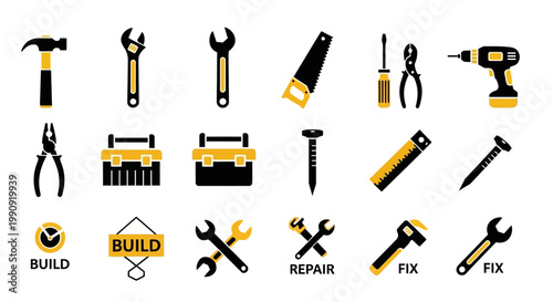 Set of Tools Icons: Hammer, Wrench, Saw, Screwdriver, Pliers, Drill, Toolbox