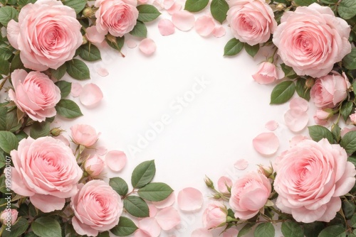 Romantic pink roses with green leaves and scattered petals forming a decorative border on white background for invitations