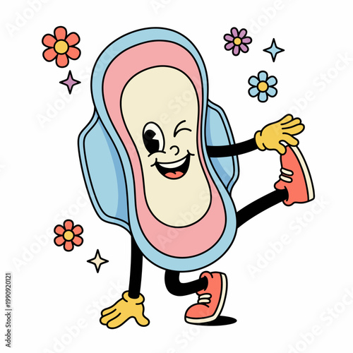 A vibrant cartoon illustration of a smiling sanitary pad with flowers and sparkles, representing positivity and comfort during menstruation, designed to bring joy and humor.