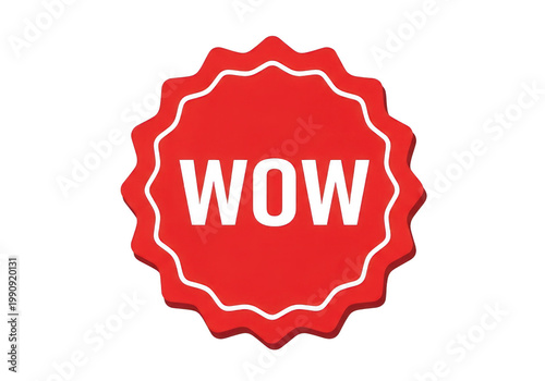 Vibrant red badge with bold white wow exclamation text isolated on transparent background