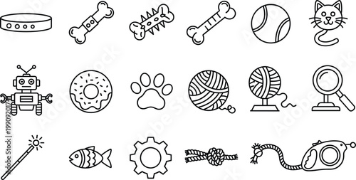 "Set of Pet and Toy Icons Featuring Bones, Balls, Robots, and Other Fun Accessories for Animal, Pet Care, and Entertainment Design Projects"