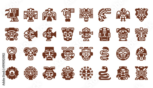 Collection of ancient mesoamerican and aztec inspired glyphs and icons