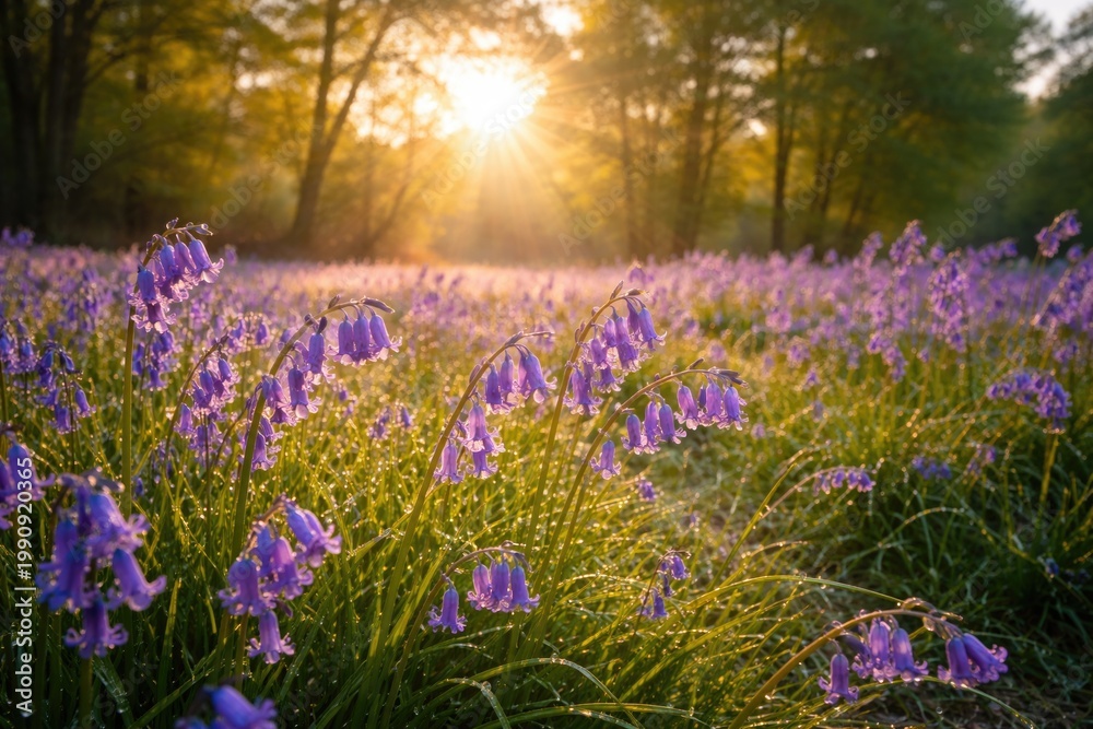 Obraz premium Morning glow over wild bluebells in a vibrant spring field