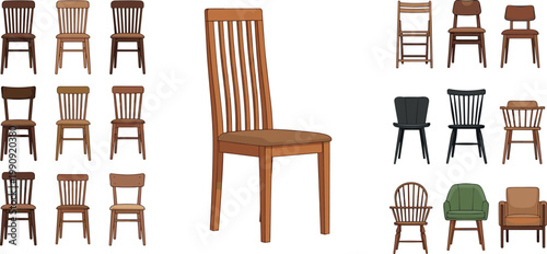 Collection of wooden chairs in various styles including dining, vintage, and modern seating isolated vector illustration set