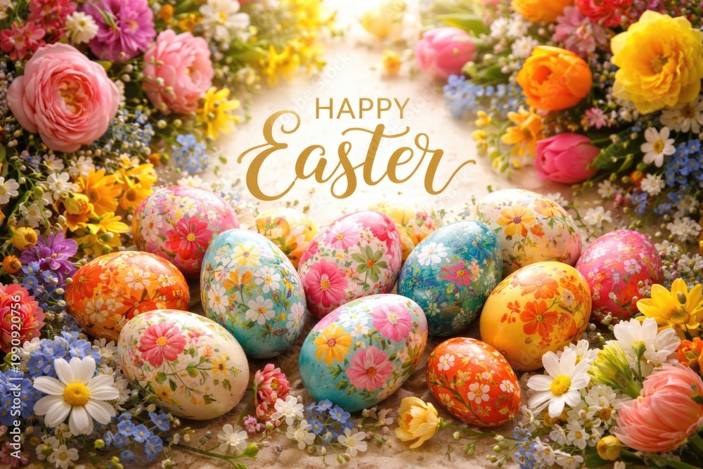Fototapeta premium Happy Easter scene featuring vibrant floral patterns and festive eggs
