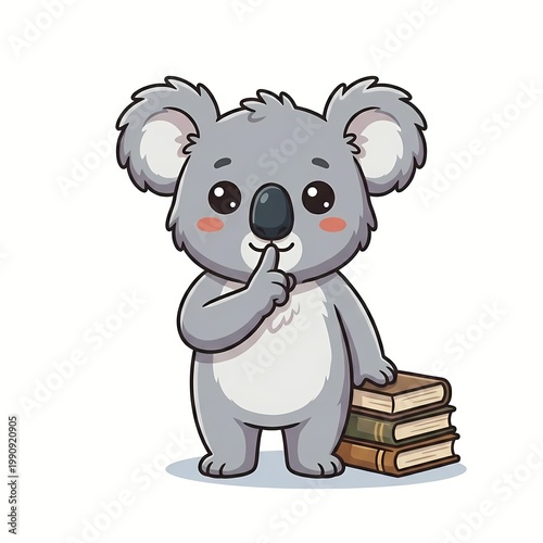 Cute Kawaii Koala Librarian with Finger on Lips and Stack of Books - Chibi Quiet Library Concept Vector Illustration