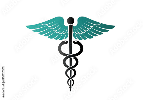 Classic caduceus symbol with turquoise and white colors isolated on transparent background