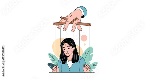 Sad young woman looking distressed while being controlled like a puppet by a large hand with strings in a conceptual scene.