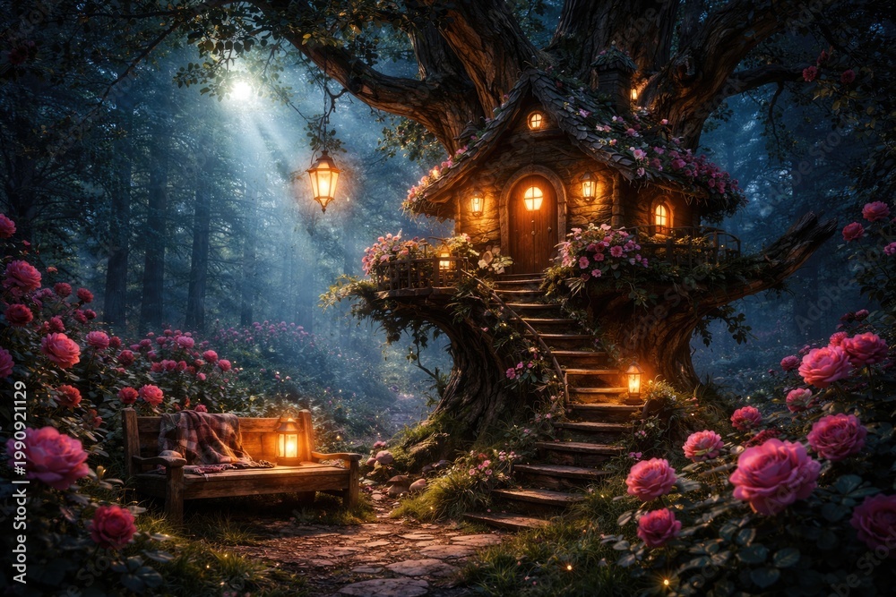 Fototapeta premium Whimsical gnome home perched in tree with glowing lantern and cozy bench in a magical forest filled with vibrant rose blossoms under moon rays