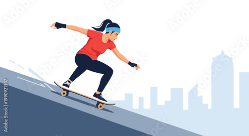 Young woman in casual clothes and a headband riding a skateboard down a city street with a skyline of tall buildings in the background.