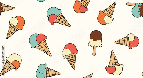 Seamless background pattern featuring colorful ice cream cones and a chocolate popsicle on a light cream surface for summer.