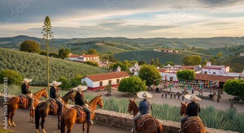 Group of people riding horses Cino de Mayo