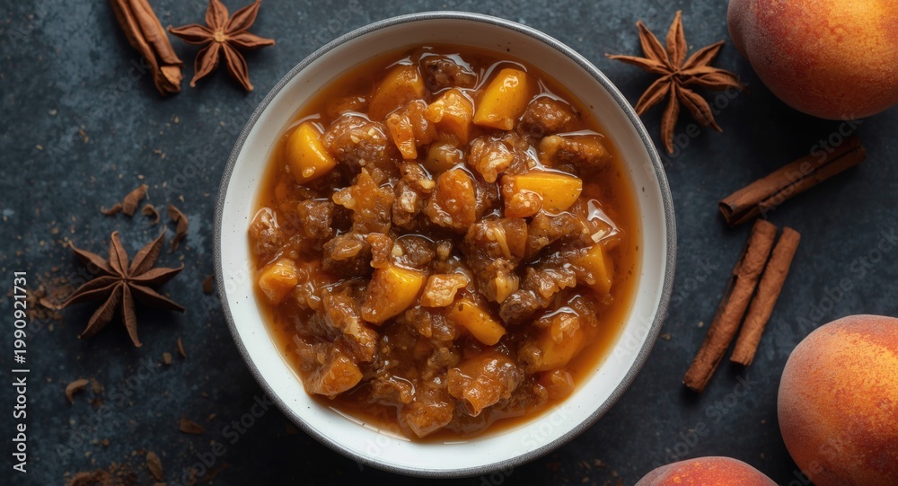 Fototapeta premium Peach chutney enhanced with raisins and a complex spice blend