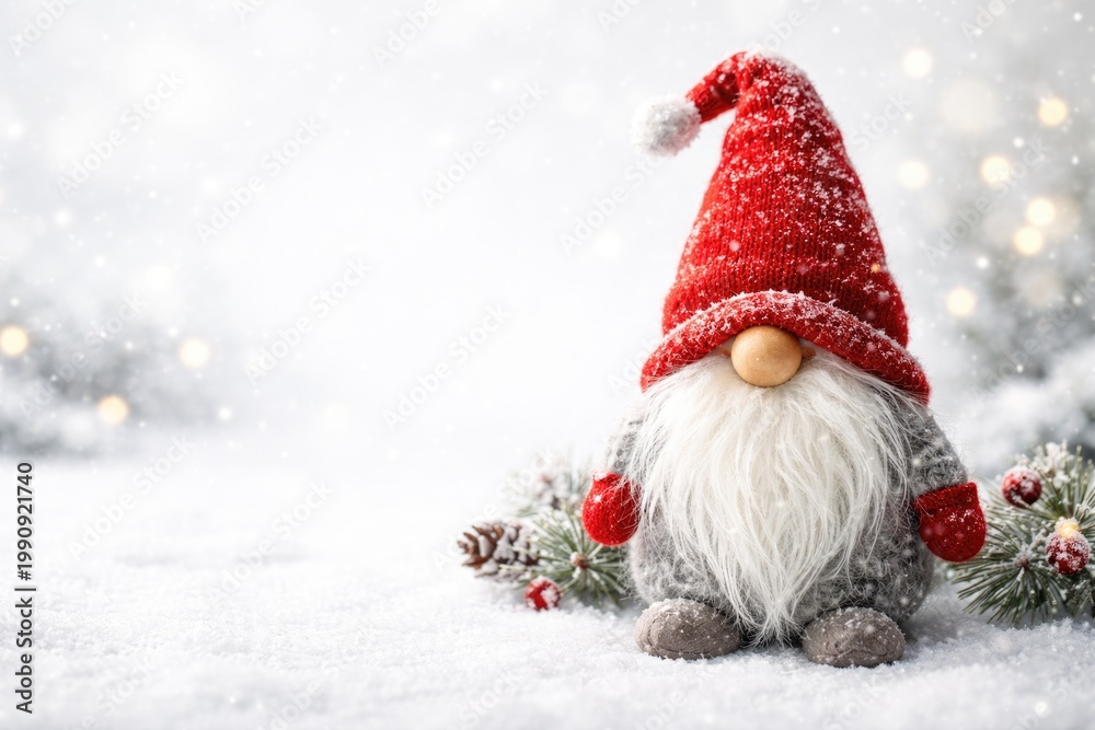 Fototapeta premium Winter postcard featuring a red hat Scandinavian gnome standing on clean white backdrop with copy space