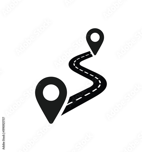 Abstract road map illustration with location markers and dashed line showing path direction for navigation and travel concept.
