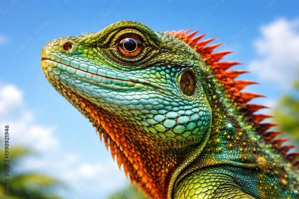 Fototapeta premium Bright tropical lizard head detail with sky blue background