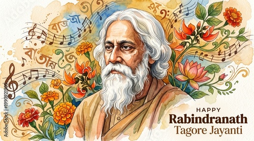 rabindranath, tagore, jayanti, background, artistic, portrait, cultural, theme, writer, poet, indian culture, philosopher, floral, accents, musical, instrument, line, elderly, literature, note, wisdom