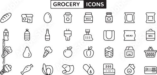 Grocery icons set with fresh food produce and everyday supermarket items including milk bread eggs fruits vegetables and snacks.