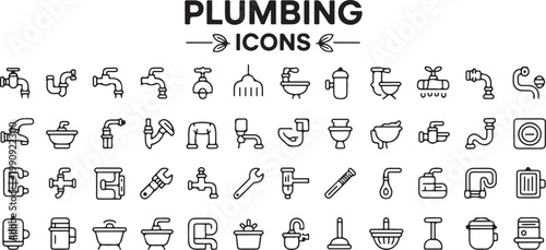 Plumbing icons collection with various water faucets pipes valves wrenches and bathroom hardware for home repair and maintenance.