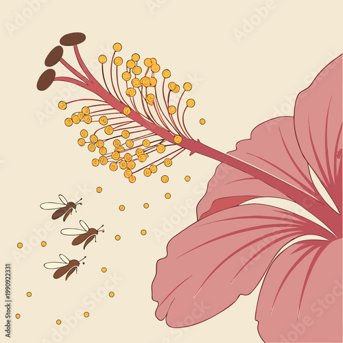 Close-up of hibiscus stamen with pollen and three bees flying towards it hibiscus pollination illustration reproduction creature