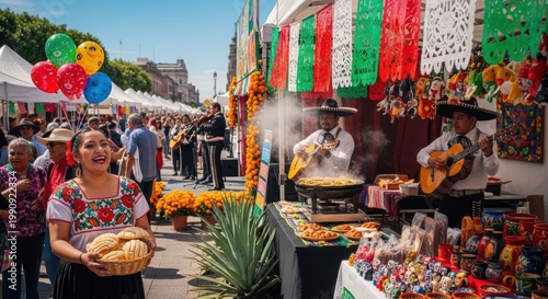 Woman holding bread at outdoor market Cino de Mayo
