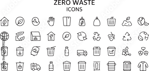 Set of zero waste icons vector illustration, collection includes line icons such as ecology, natural, organic, recycle.