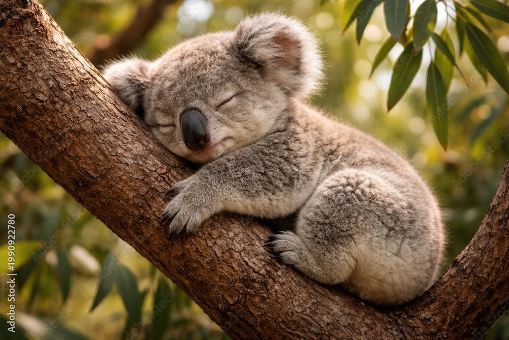 Fototapeta premium Young koala napping quietly on a tree branch