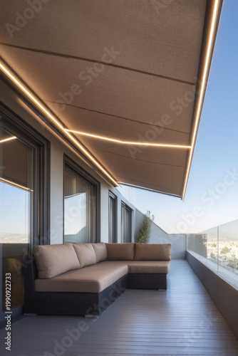 A modern high-rise balcony features an illuminated retractable awning over elegant sectional outdoor furniture.
