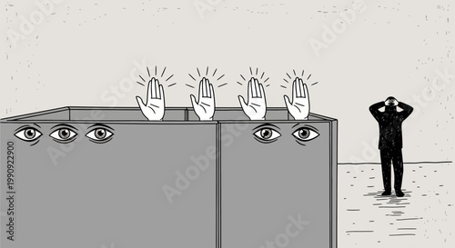 Gray illustration of man praying while others watch in bathroom