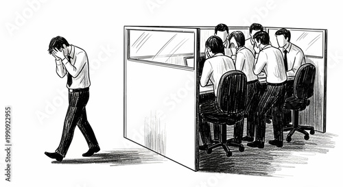 grey illustration of man with hands on head looking at watching and censored people