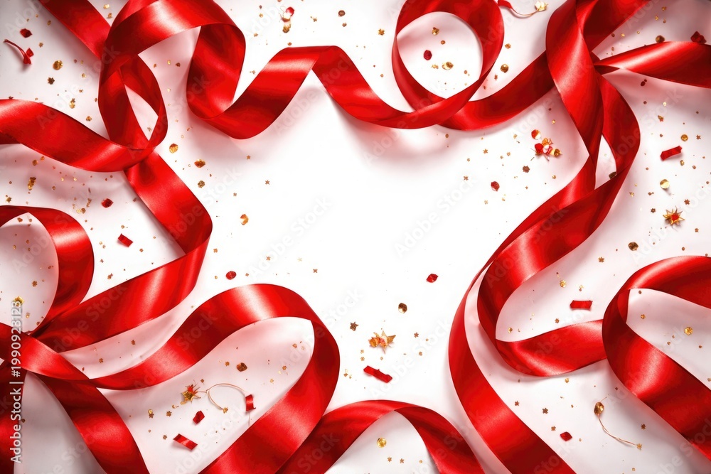 Fototapeta premium Artistic display of vibrant red ribbons elegantly set against a pure white background expressing festivity