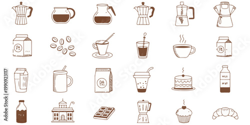 Set of 24 hand drawn coffee and bakery icons in flat style in brown and white on a clean white background.