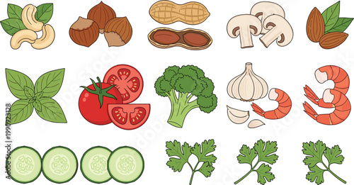 Fresh ingredients set vegetables seafood nuts and herbs collection healthy food cooking vector illustration isolated