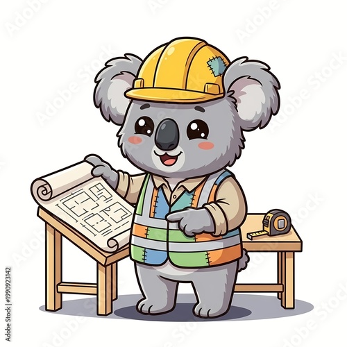 Cute Kawaii Koala Construction Worker Reviewing Blueprints at Drafting Table - Chibi Architect Engineer Concept Vector Illustration