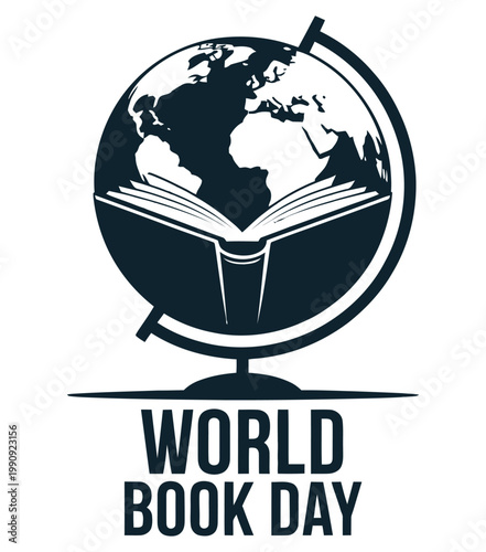 world book day illustration with globe shaped open book icon minimal monochrome design modern educational reading concept poster for literacy awareness clean vector style 